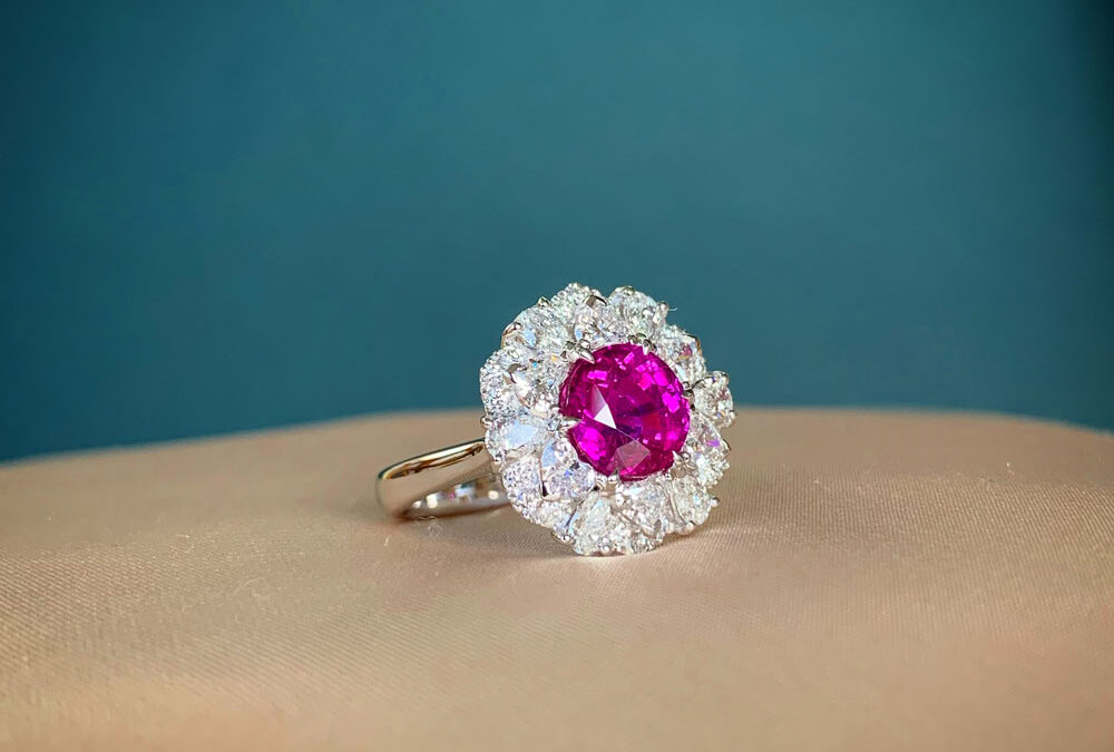 Ruby & diamond ring in platinum set with a natural ruby