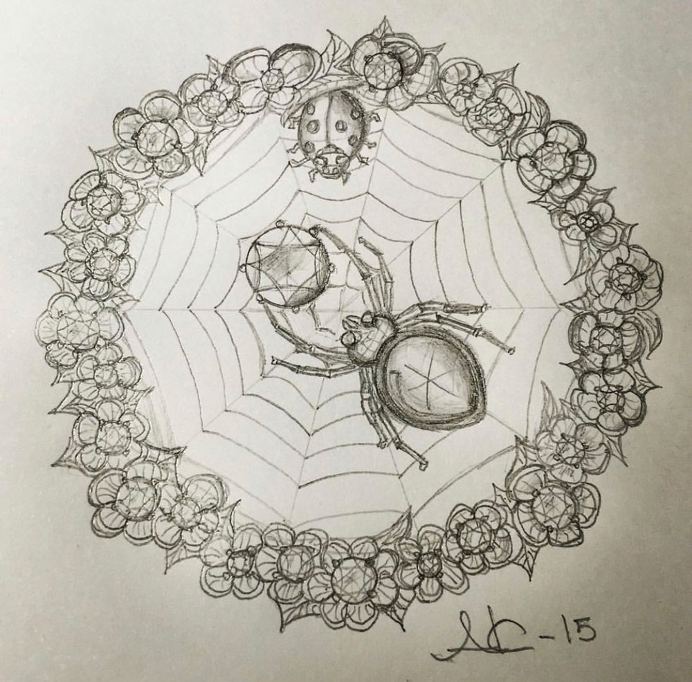 Drawing of a flower & spider brooch